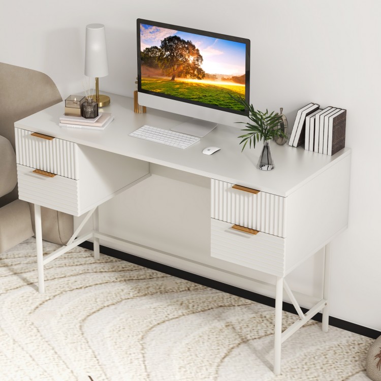 White 48-inch home office computer desk featuring a sleek design and metal handles, perfect for a modern workspace.