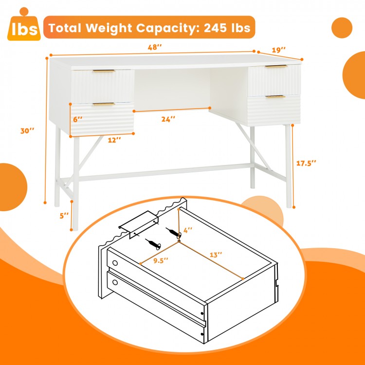 Detail view of the 48-inch white home office desk showcasing smooth-sliding drawers and sturdy metal frame for.