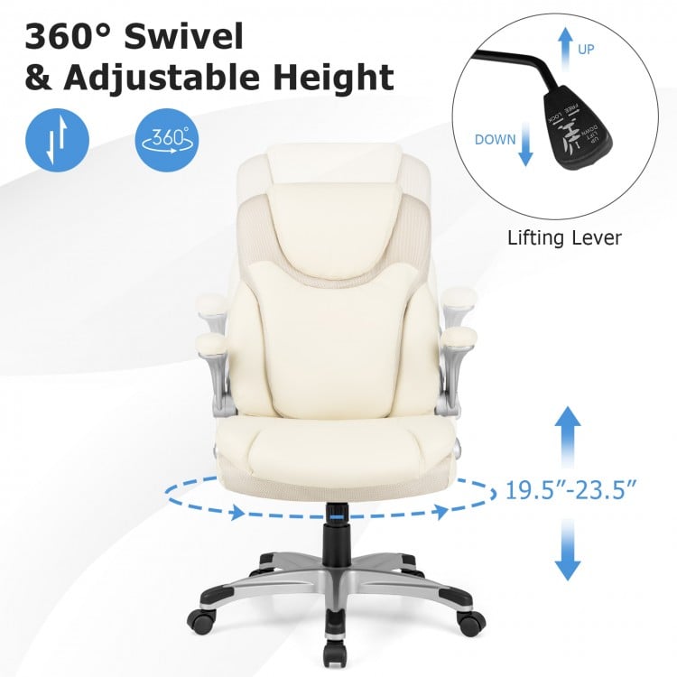 Ergonomic white PU leather office chair with 360° swivel, adjustable height, and flip-up armrests for versatile comfort.