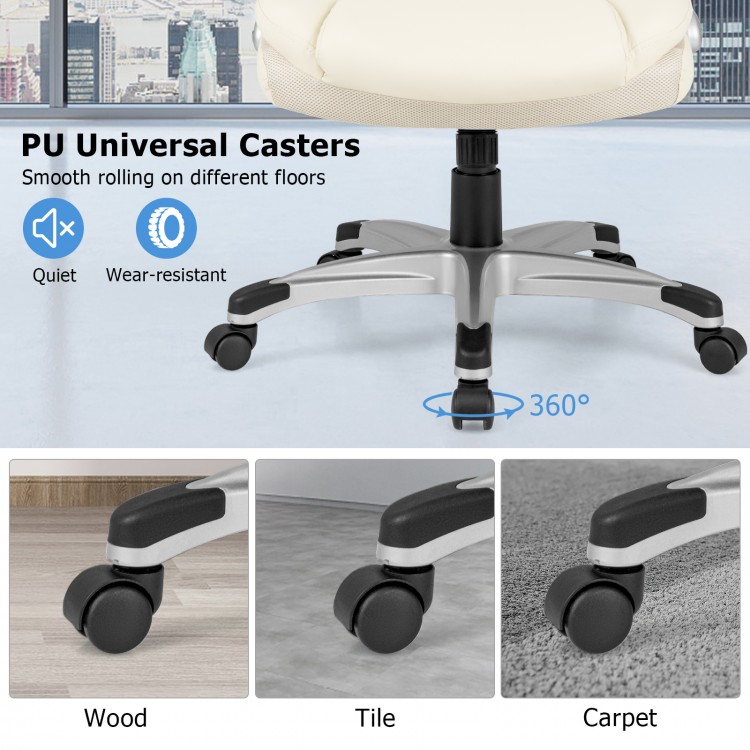 Close-up of PU universal casters for the ergonomic office chair, designed for smooth rolling on wood, tile, and carpet.