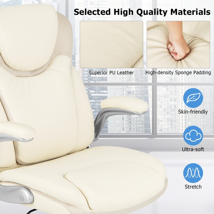 Close-up of the ergonomic office chair in white PU leather, featuring flip-up armrests and high-density sponge padding.