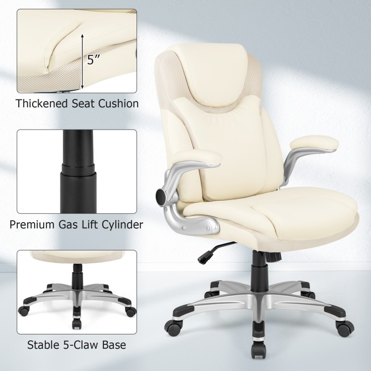 Ergonomic white PU leather office chair with flip-up armrests, thickened seat cushion, and stable 5-claw base for.