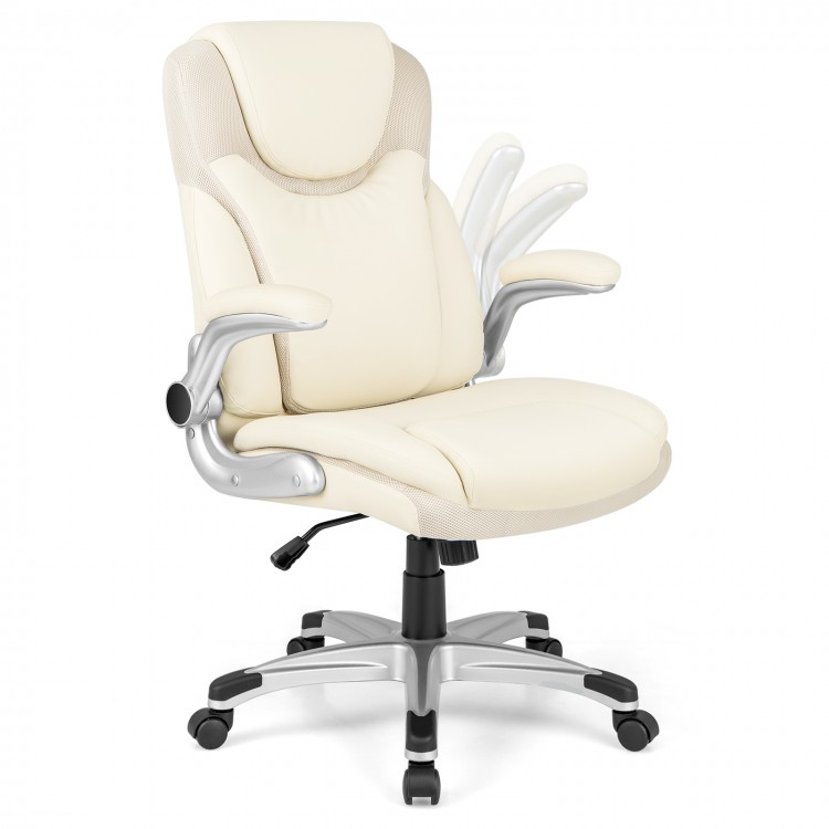 Ergonomic white PU leather office chair with flip-up armrests, contoured lumbar support, and rocking function for.