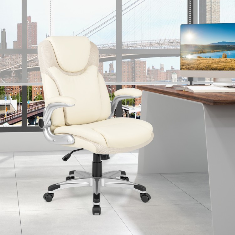 Ergonomic white PU leather executive chair with flip-up armrests and rocking function, ideal for office or study use.