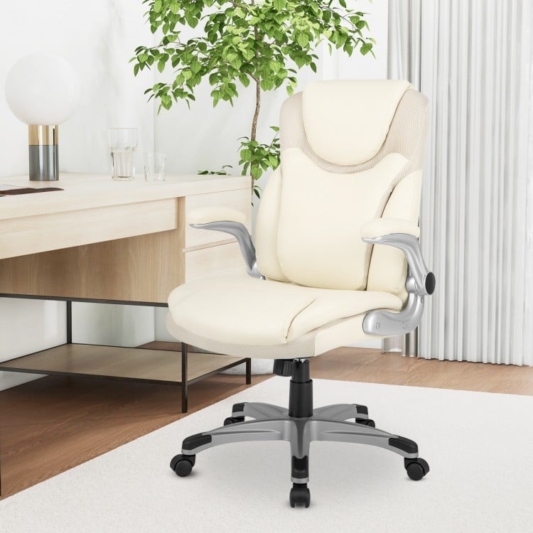 Side view of the ergonomic white PU leather office chair showcasing its sleek design, flip-up armrests, and lumbar.