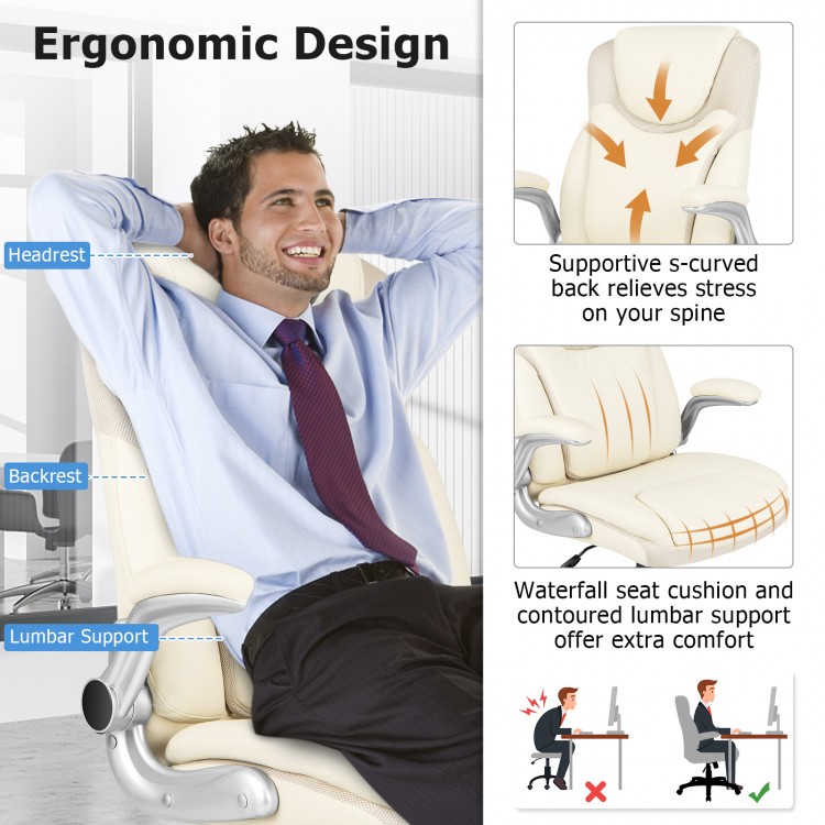 Ergonomic white PU leather office chair with waterfall seat cushion, lumbar support, and flip-up armrests for comfort.