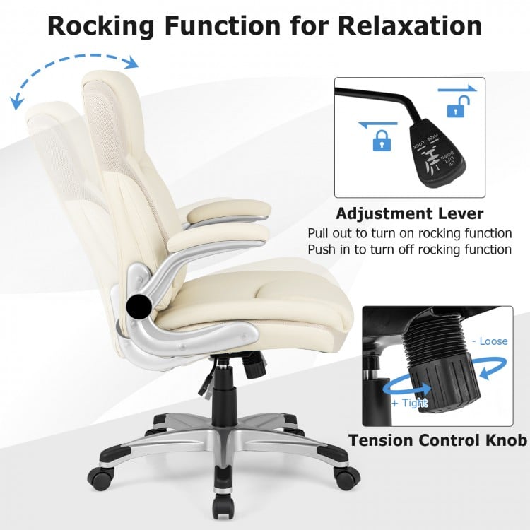 Ergonomic white PU leather executive chair with flip-up armrests and rocking function for office or home relaxation.