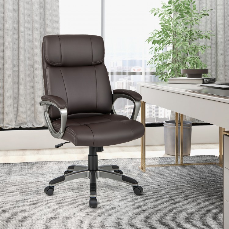 Brown swivel ergonomic office chair with PU leather, contoured lumbar support, and smooth rolling casters for office.