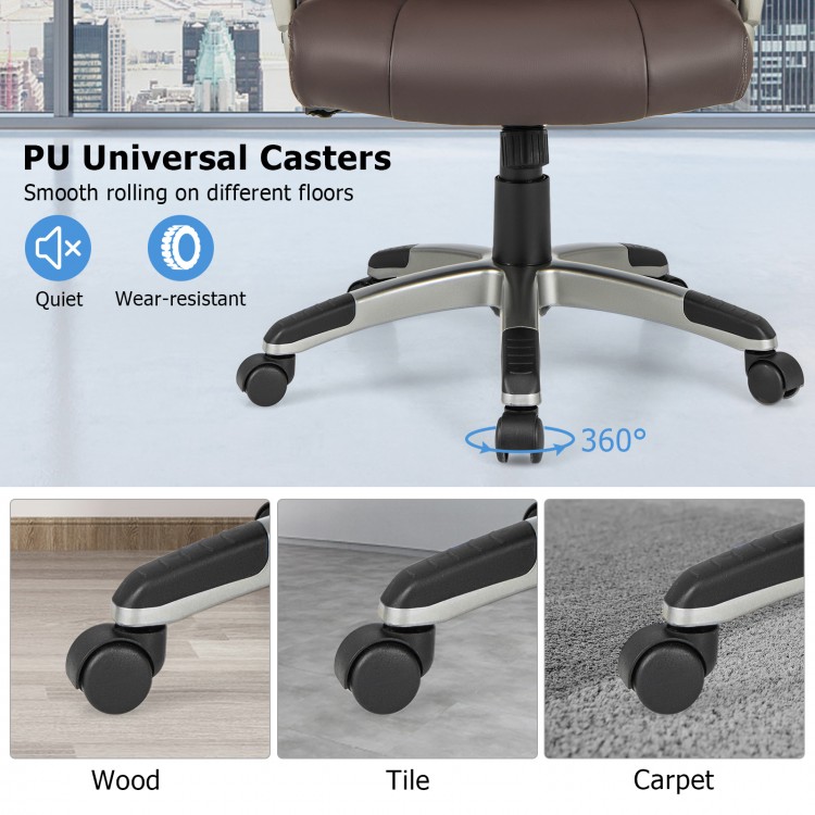 Swivel ergonomic office chair with brown PU leather, featuring universal casters for smooth rolling on wood, tile, and.