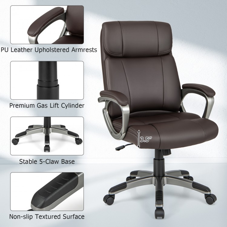 Swivel ergonomic office chair in brown with PU leather upholstery, adjustable height, and stable 5-claw base for.