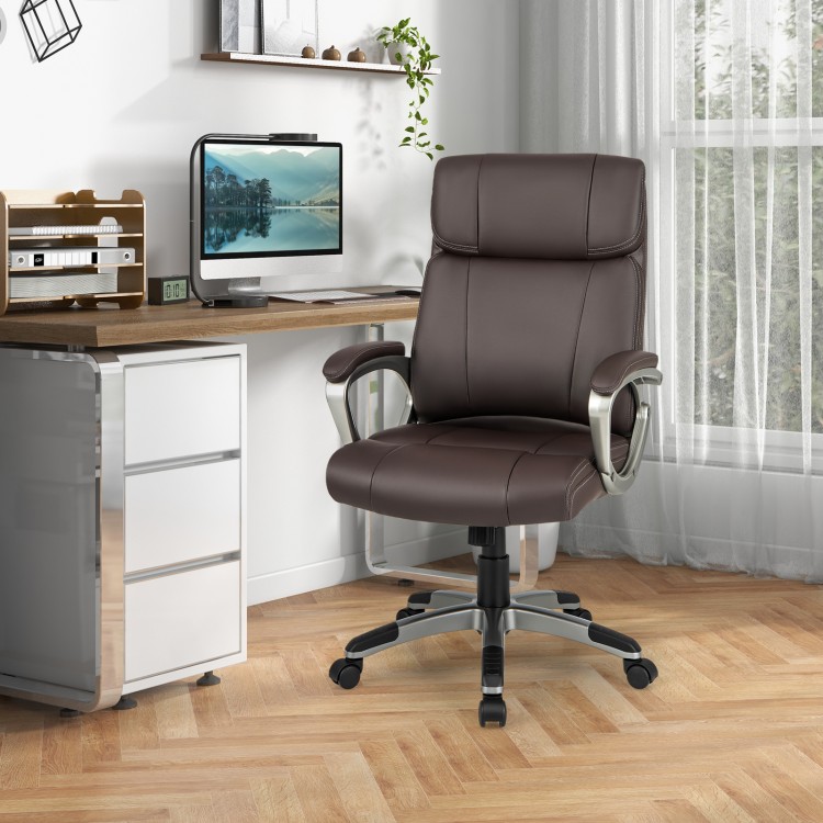 Brown swivel ergonomic office chair with PU leather, adjustable height, and rolling casters, ideal for home or office.