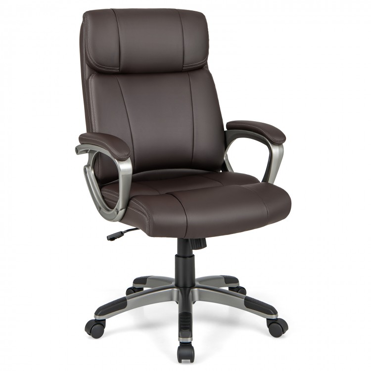 Brown swivel ergonomic office chair with PU leather, contoured lumbar support, and smooth-rolling casters for office.