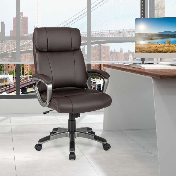 Brown swivel ergonomic office chair with PU leather armrests and a stable 5-claw base, perfect for home or office use.