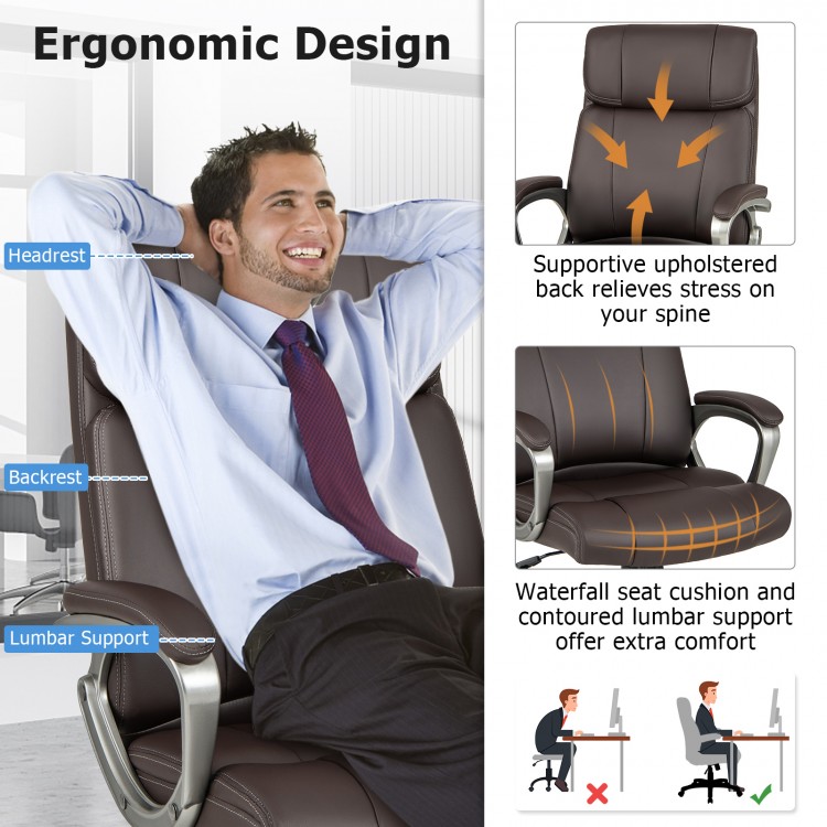 Swivel ergonomic office chair in brown with lumbar support, waterfall seat cushion, and PU leather for comfort and.