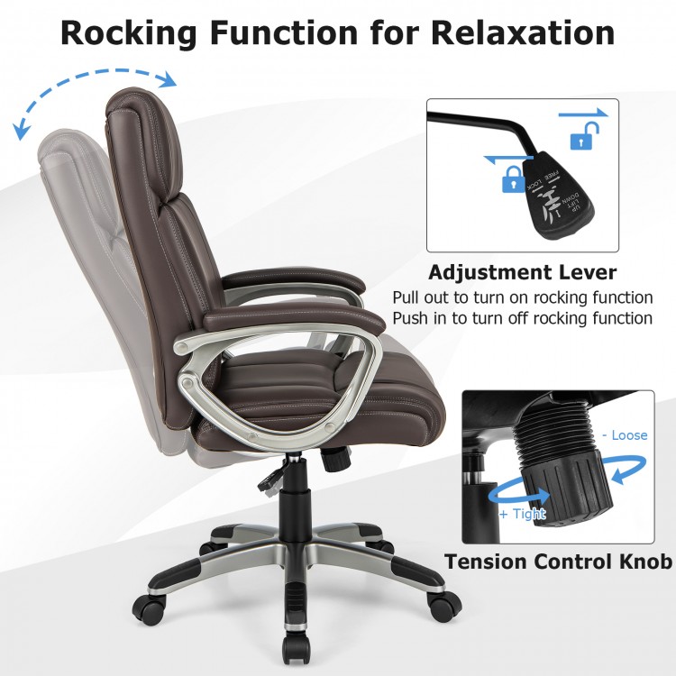 Side view of the brown swivel ergonomic office chair showcasing the rocking function and adjustment lever for.