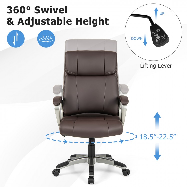 Brown swivel ergonomic office chair with adjustable height, PU leather upholstery, and 360° rotation for versatile use.