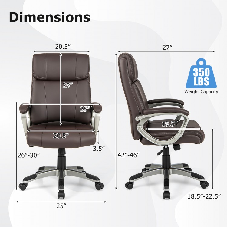 Swivel ergonomic office chair in brown with dimensions, featuring a waterfall seat cushion and 350 lbs weight capacity.