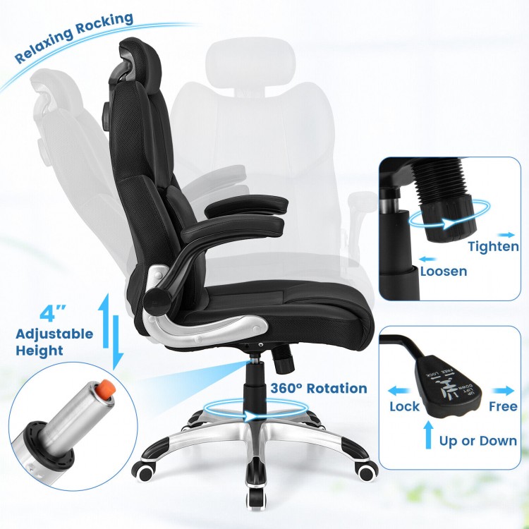Kneading massage office chair in black with adjustable headrest, 360° rotation, and 4" height adjustment for comfort.