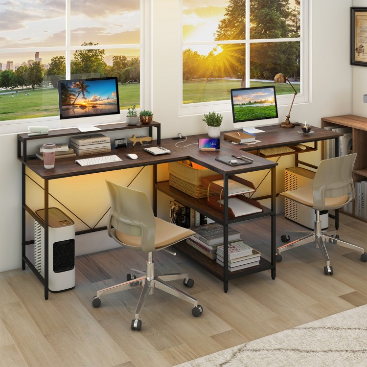 Reversible 2-person computer desk with walnut finish, LED lights, and ergonomic monitor stand for a tidy workspace.