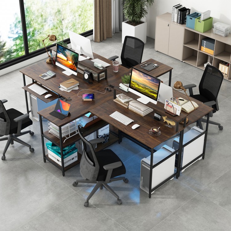 Reversible 2-person computer desk in walnut with LED lights, ergonomic monitor stand, and storage shelves for organized.