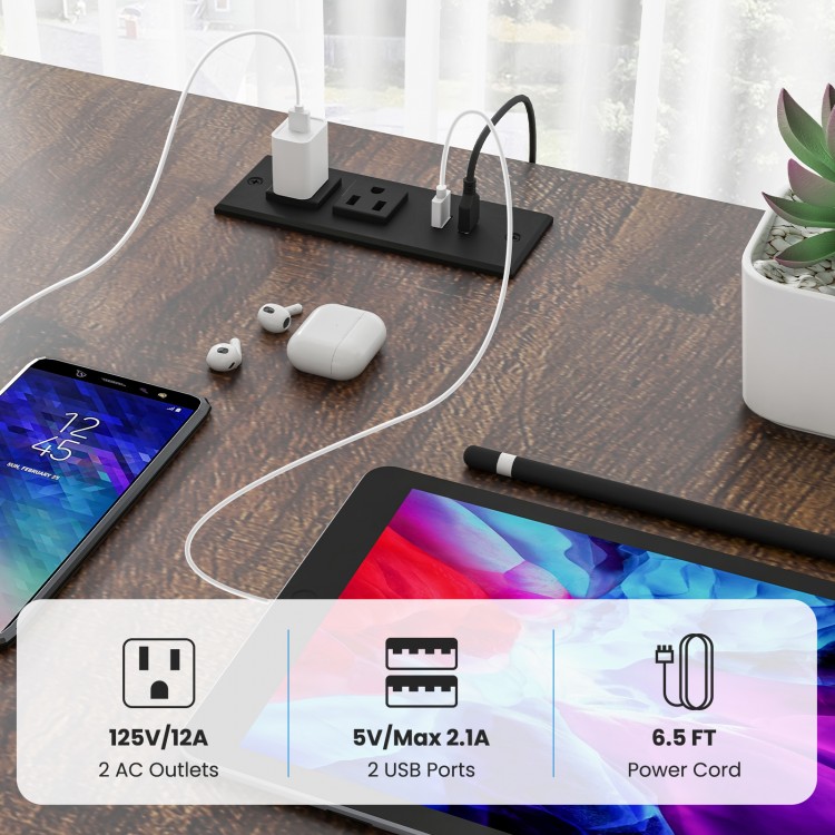 Reversible computer desk with LED lights, ergonomic monitor stand, and convenient charging station for a tidy workspace.