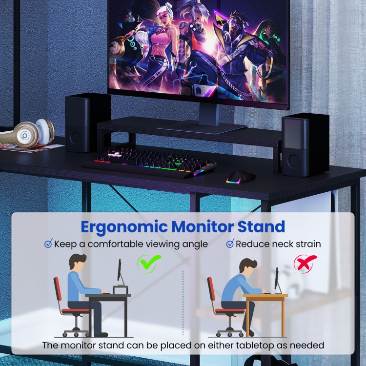 Ergonomic monitor stand on L-shaped gaming desk with RGB LED lights and power outlets for a comfortable viewing angle.