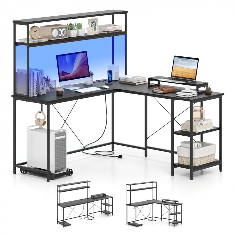 L-shaped reversible gaming desk in black with LED strip, monitor stand, and storage shelves for organized workspace.