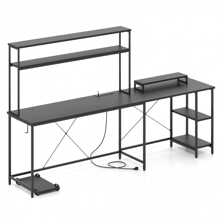 L-shaped gaming desk with spacious surface, adjustable hutch, and integrated RGB LED lights for a dynamic workspace.