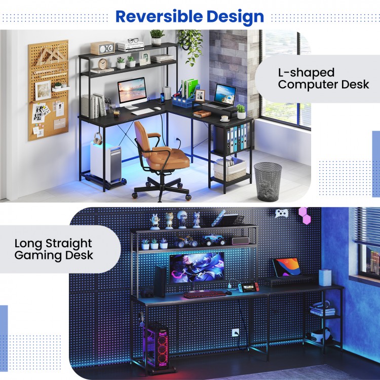L-shaped reversible gaming desk in black with LED strip, power outlets, and ergonomic monitor stand for versatile use.