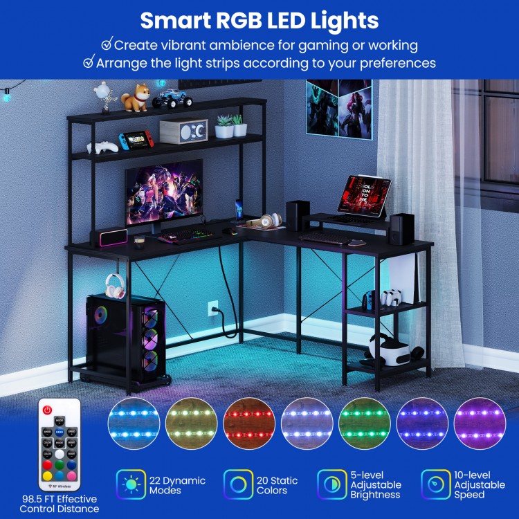 L-shaped reversible gaming desk in black with RGB LED lights, ergonomic monitor stand, and spacious storage for.