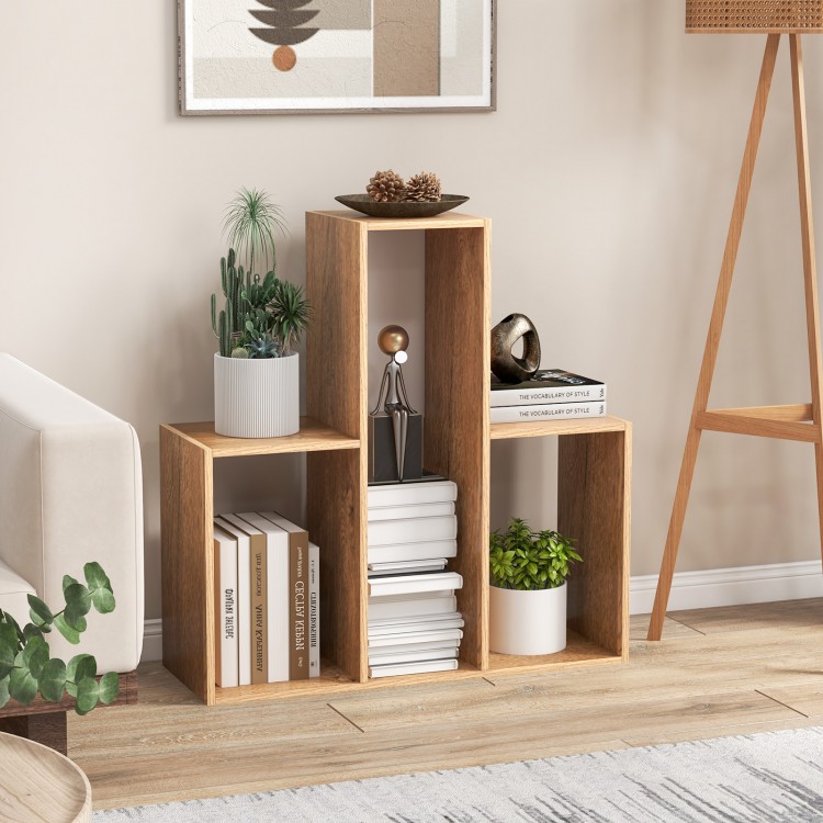 Geometric 3-shelf open bookcase in wood finish, ideal for organizing books and decor in living room or office.