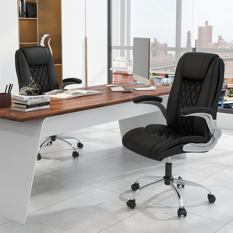 Modern height adjustable black PU leather office chair with rocking function, designed for comfort and versatile use.
