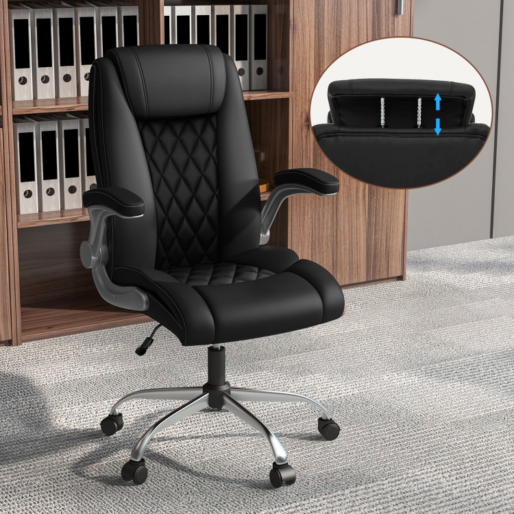 Height adjustable black PU leather office chair with rocking function and diamond pattern, perfect for ergonomic.