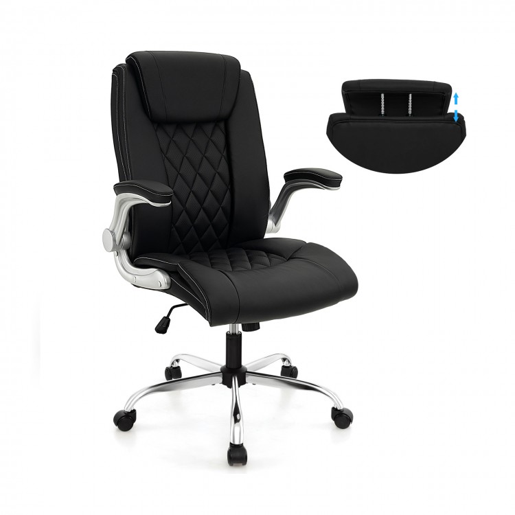 Modern height adjustable black PU leather office chair with rocking function and 6-position headrest for comfort.