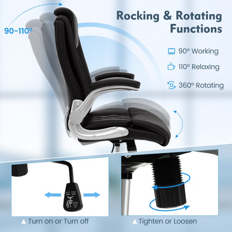 Height adjustable black PU leather office chair with rocking and rotating functions for comfort and relaxation.