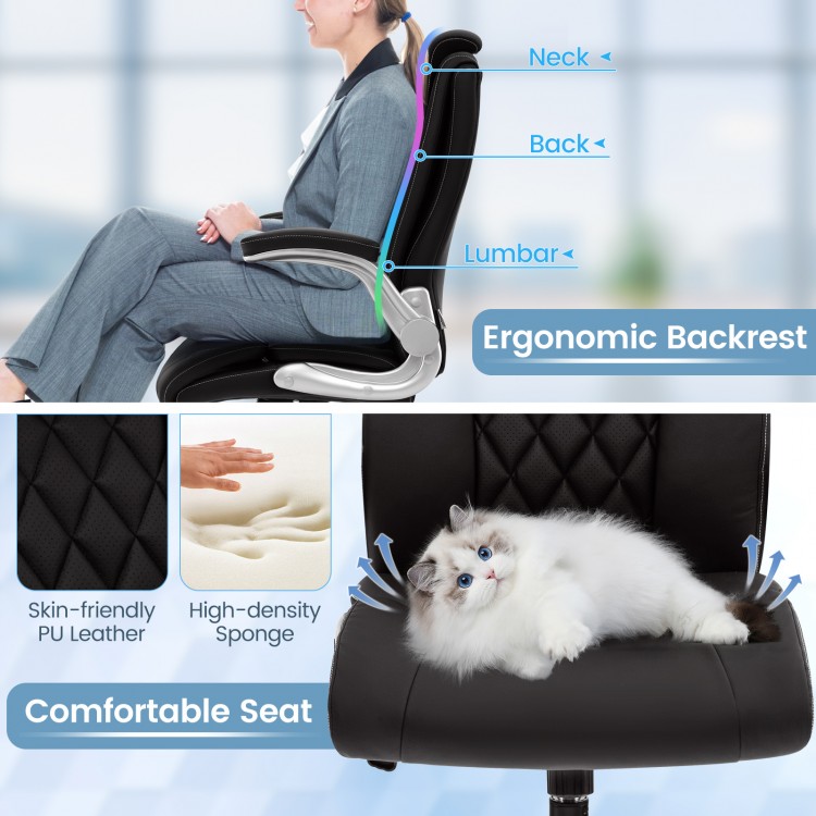Side view of a modern height adjustable black PU leather office chair showcasing ergonomic backrest and comfortable.