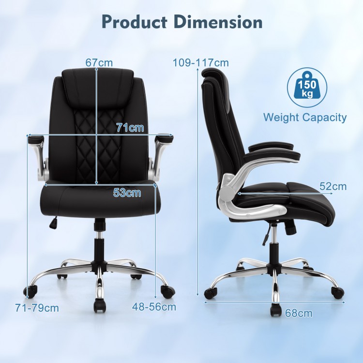 Height adjustable black PU leather office chair with rocking function, showing dimensions and weight capacity of 150 kg.