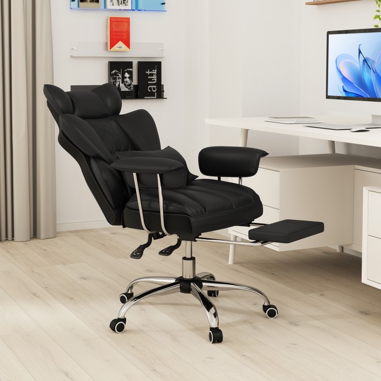 Black big and tall executive office chair with a spacious seating surface and retractable footrest for ultimate.
