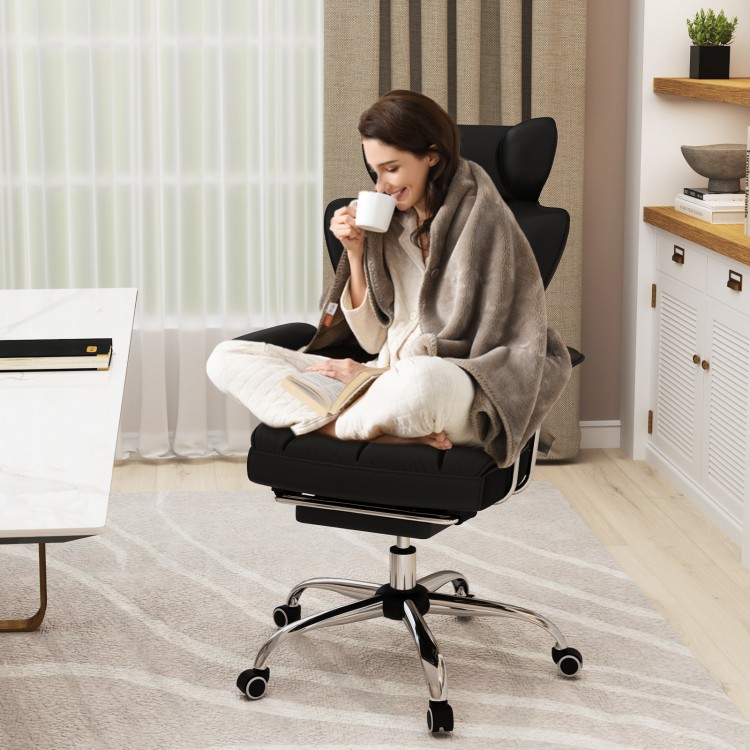 Big and tall executive office chair in black with footrest, lumbar support, and ergonomic design for comfort.