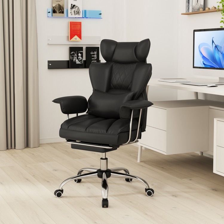 Black big and tall executive office chair showcasing a 360° swivel seat and soft padded armrests for enhanced comfort.