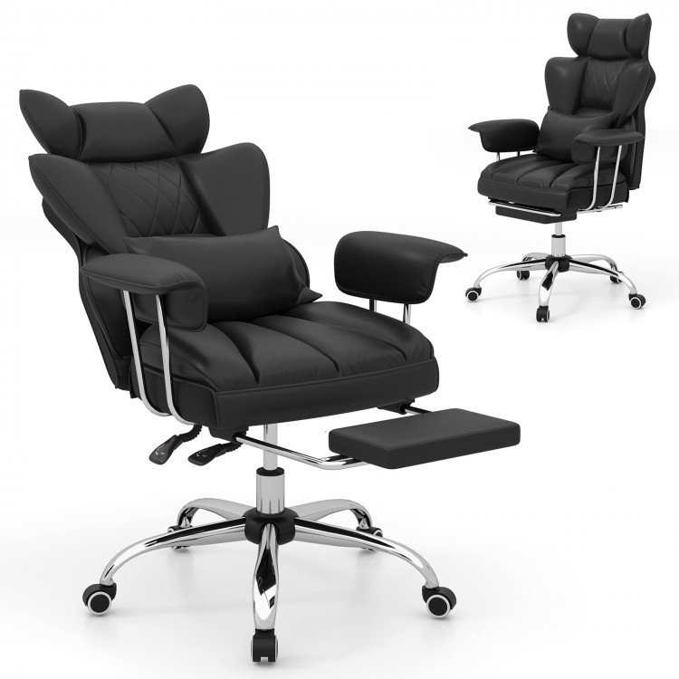 Big and tall executive office chair in black with footrest, adjustable height, and ergonomic lumbar support for comfort.