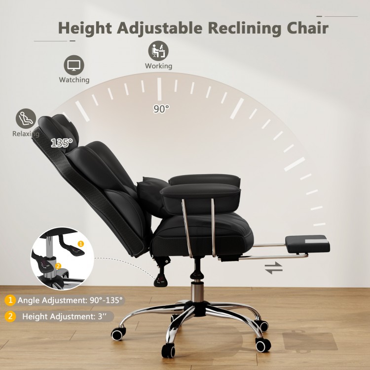 Height adjustable reclining office chair in black with footrest, lumbar support, and ergonomic design for comfort.