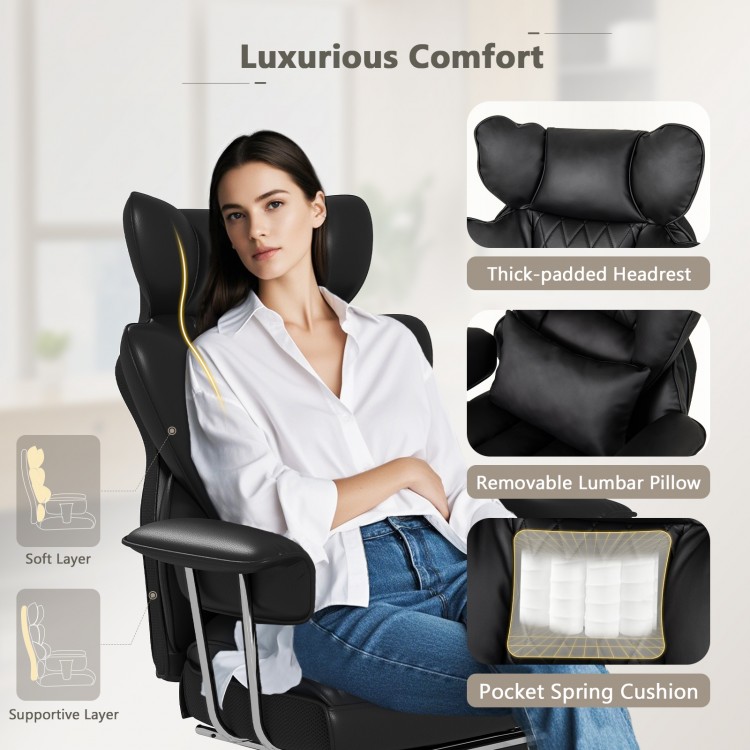 Big and tall executive office chair in black with adjustable height, removable lumbar pillow, and footrest for.