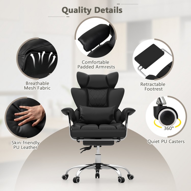 Big and tall executive office chair in black with adjustable height, retractable footrest, and ergonomic lumbar support.