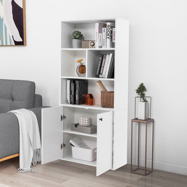 5-tier white freestanding bookcase with open cubes, adjustable shelf, and cabinet doors for versatile storage in home.