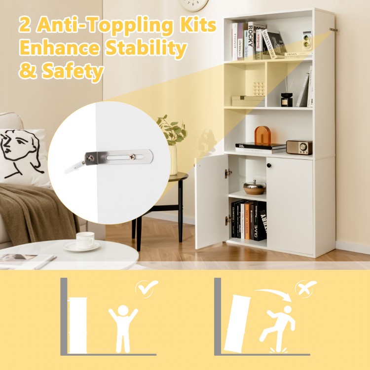 5-tier freestanding bookcase in white with adjustable shelves and anti-toppling kits for enhanced stability and safety.