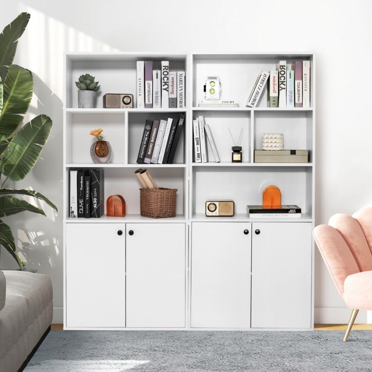 5-tier white freestanding bookcase with open cubes, adjustable shelves, and closed storage for home or office.