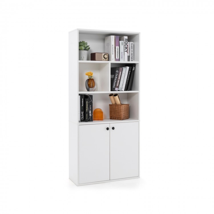 5-tier white bookcase with open shelves, adjustable shelf, and closed storage for home or office organization.