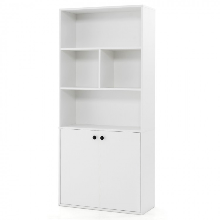 5-tier white freestanding bookcase with open cubes, adjustable shelf, and cabinet doors for versatile storage.