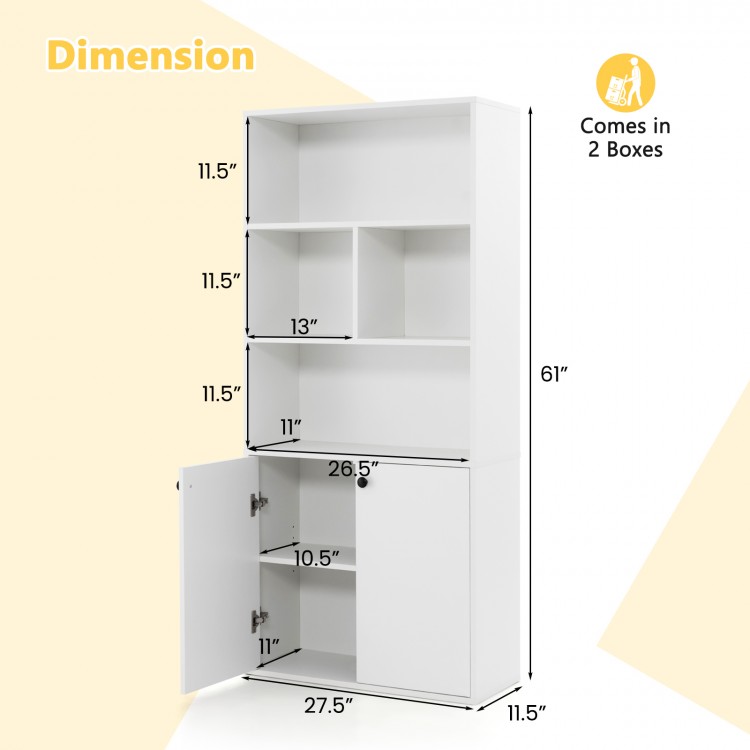 5-tier freestanding bookcase in white with open cubes, adjustable shelf, and cabinet doors for versatile storage.